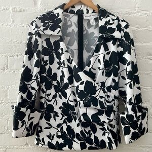 Victor Costa Womens Dressy Blouse Black White Floral Size 12